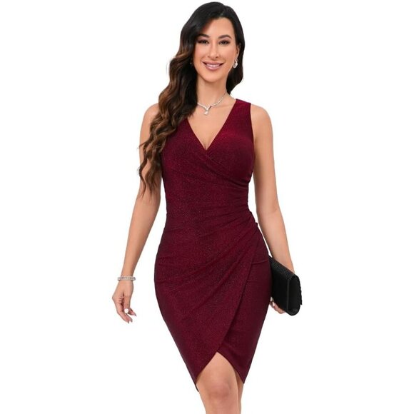 🆕 Women Red Sexy V Neck Sleeveless Bodycon Cocktail Dress Faux Wrap Party Club - Picture 3 of 4